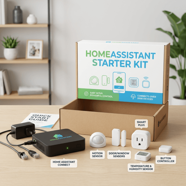 Comprehensive smart home starter kit Home Assistant Starter Kit with Home Assistant Connect, motion sensor, door/window sensors, smart plug, temperature and humidity sensor, and button controller