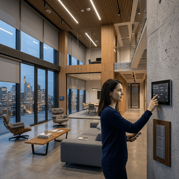 Smart office control panel interaction Woman using a smart control panel on a concrete wall in an office with large windows and city view