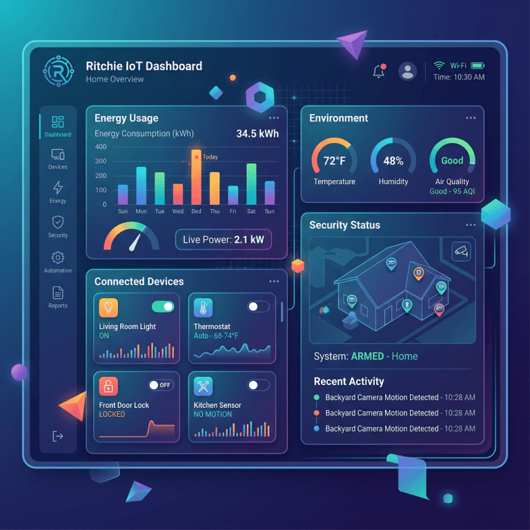 Smart home dashboard showing energy usage, temperature, humidity, air quality, connected devices, and security status