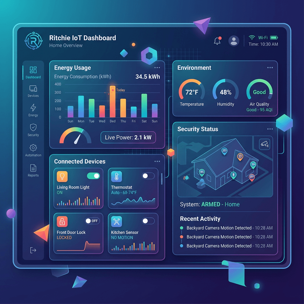 Smart home dashboard showing energy usage, temperature, humidity, air quality, connected devices, and security status