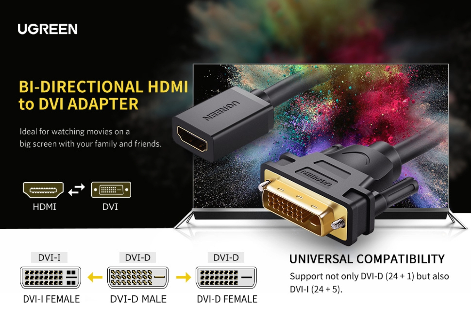 20118-2011_ls_01 UGREEN DVI to HDMI Cable Adapter 15cm | Male to Female | 1080p Full HD – Black