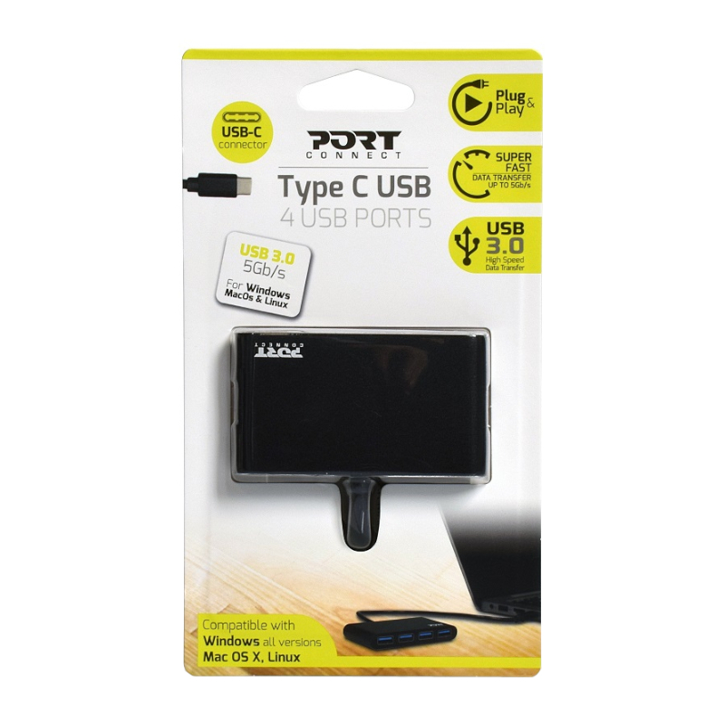 900123_wr_01a Port USB Type-C to 4 x USB3.0 5Gbps 30cm 4 Port Hub - Black