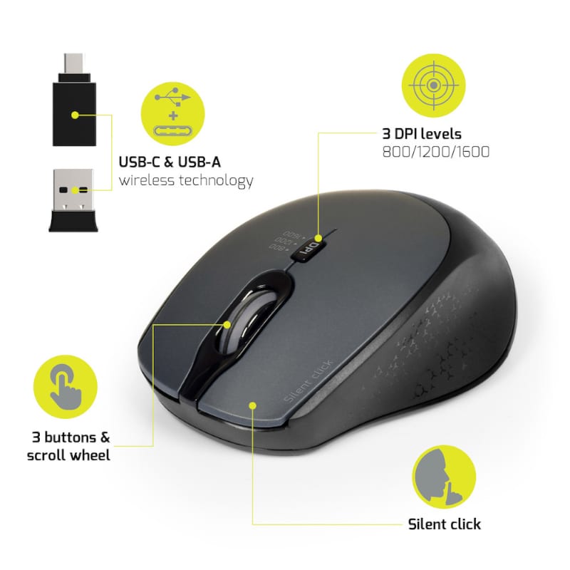 900713_wr_04 Port Connect Silent 1600DPI 3 Button Wireless Mouse - Black