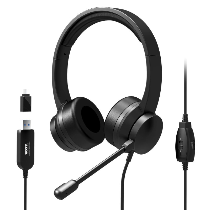 901605_wr_03 Port Connect USB Headset 1.8m Cable with Mic and Padded/Soft Cushions Black