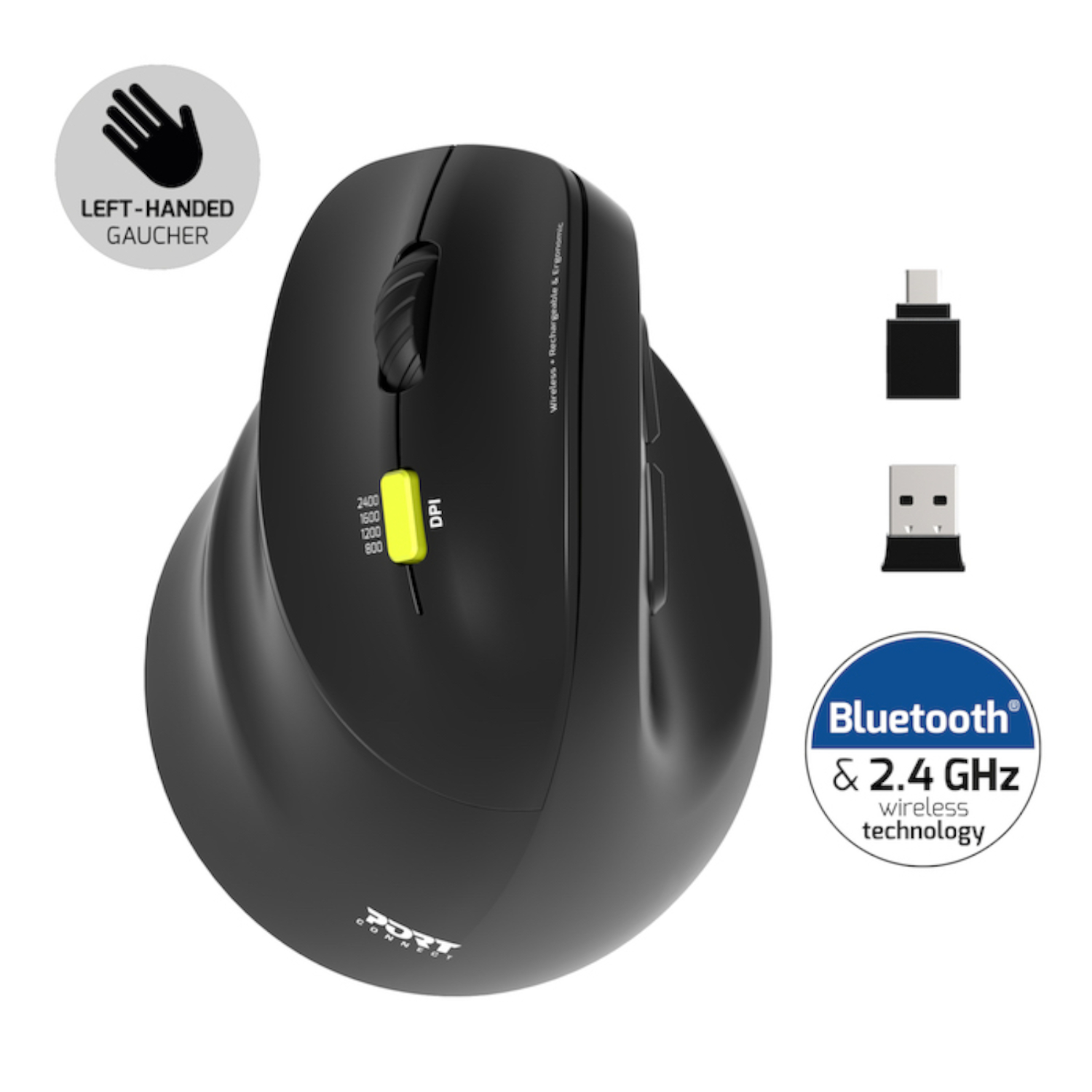 910008_PORT-MOUSE-ERGO-RECHARGEABLE-BT-LEFT_wr_08 Port Connect Ergo Shape Rechargeable Wireless Mouse