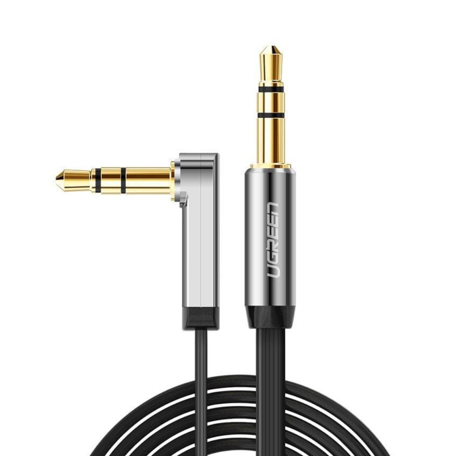 AV119-10599_UGREEN-AV119-Right-angled-3.5mm-Flat-Aux-Cable-2m_wr_01a UGREEN AV119 Right-angled 3.5mm Flat Aux Cable 2m - Black/Silver