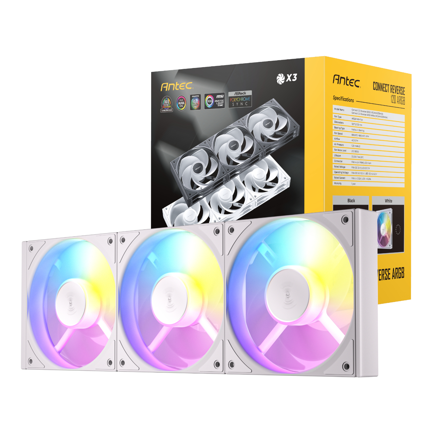 Antec_C120R-ARGB-3PK-WH_wr_01a Antec Connect 120 Reverse ARGB PWM Fan 3 Pack – White