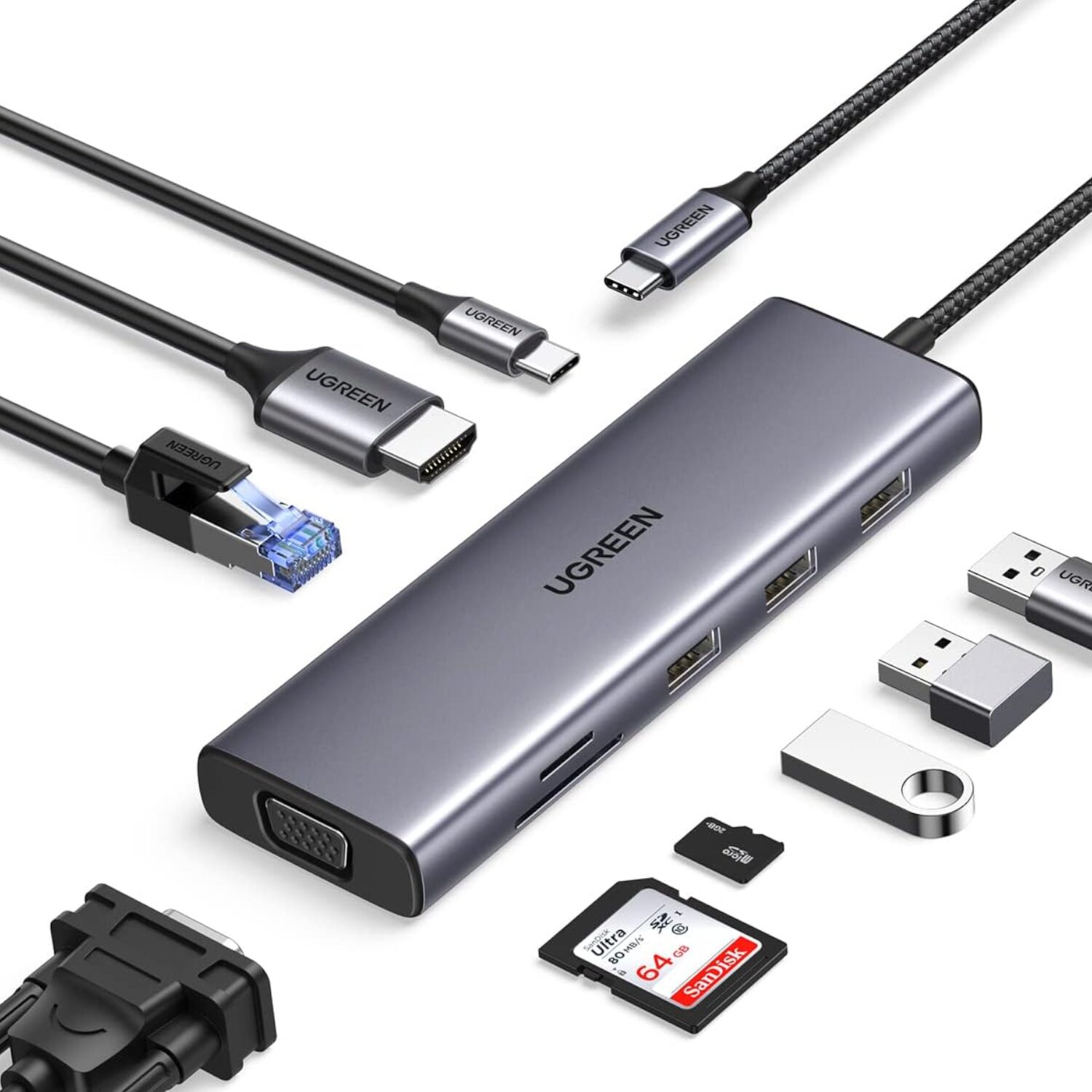 CM498-15600-wr-01b UGREEN 9-in-1 Type-C Hub | HDMI | VGA | LAN | SD/TF | 100W PD | USB3.0