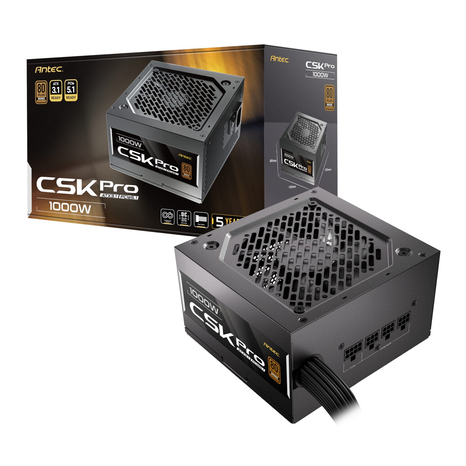 CSK1000-PRO-WR-1 Antec CSK1000 PRO ATX3.1 Semi-Modular 1000W Power Supply (80 PLUS Bronze, PCIe 5.1, ATX 3.1 Certified)
