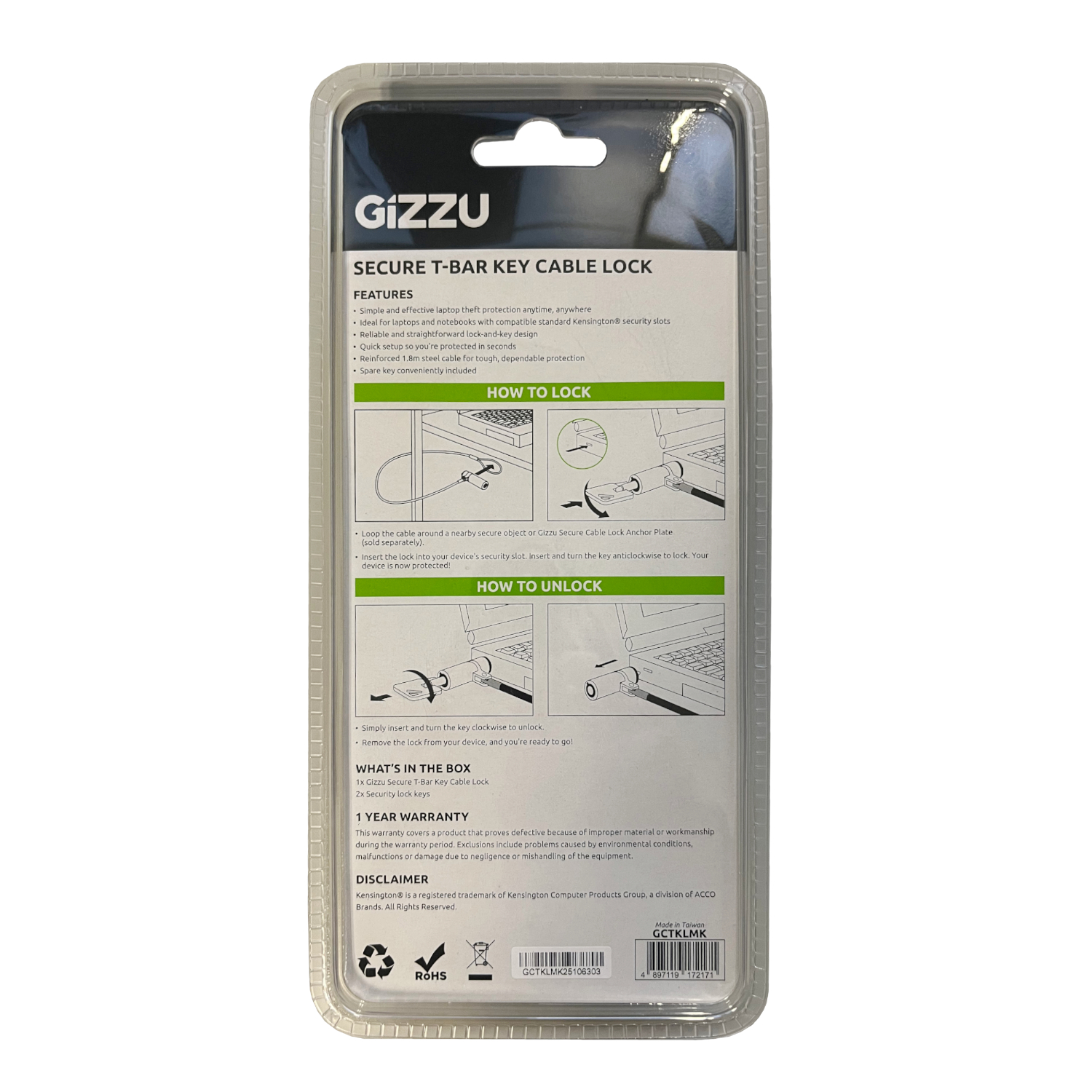 GCTKLMK_GIZZU-1.8m-T-Bar-Laptop-Cable-Lock-Master-Key-Compatible-Silver_wr_03a GIZZU 1.8m T-Bar Laptop Cable Lock Master Key Compatible