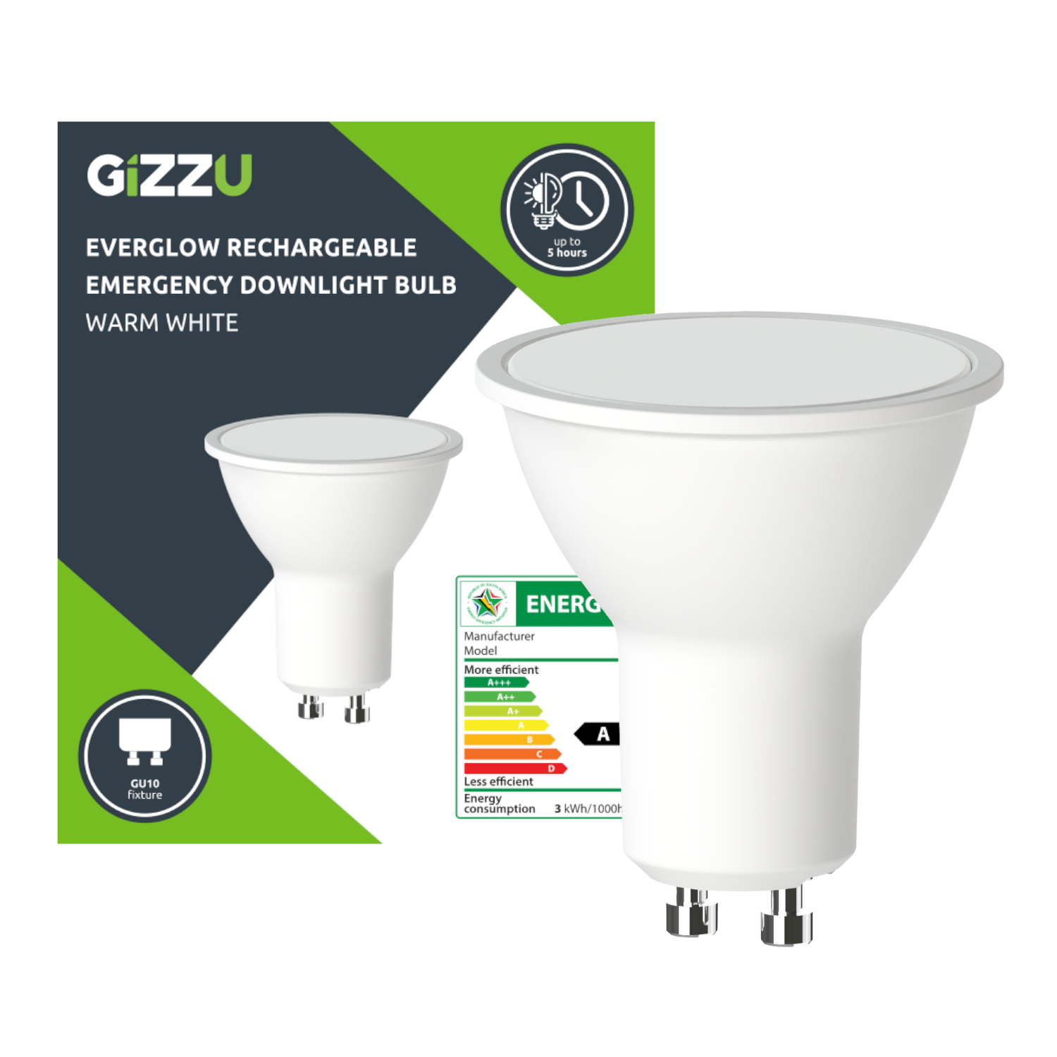 GEB3WGU10_wr_01b Gizzu Everglow Rechargeable Warm White Emergency Downlight Bulb