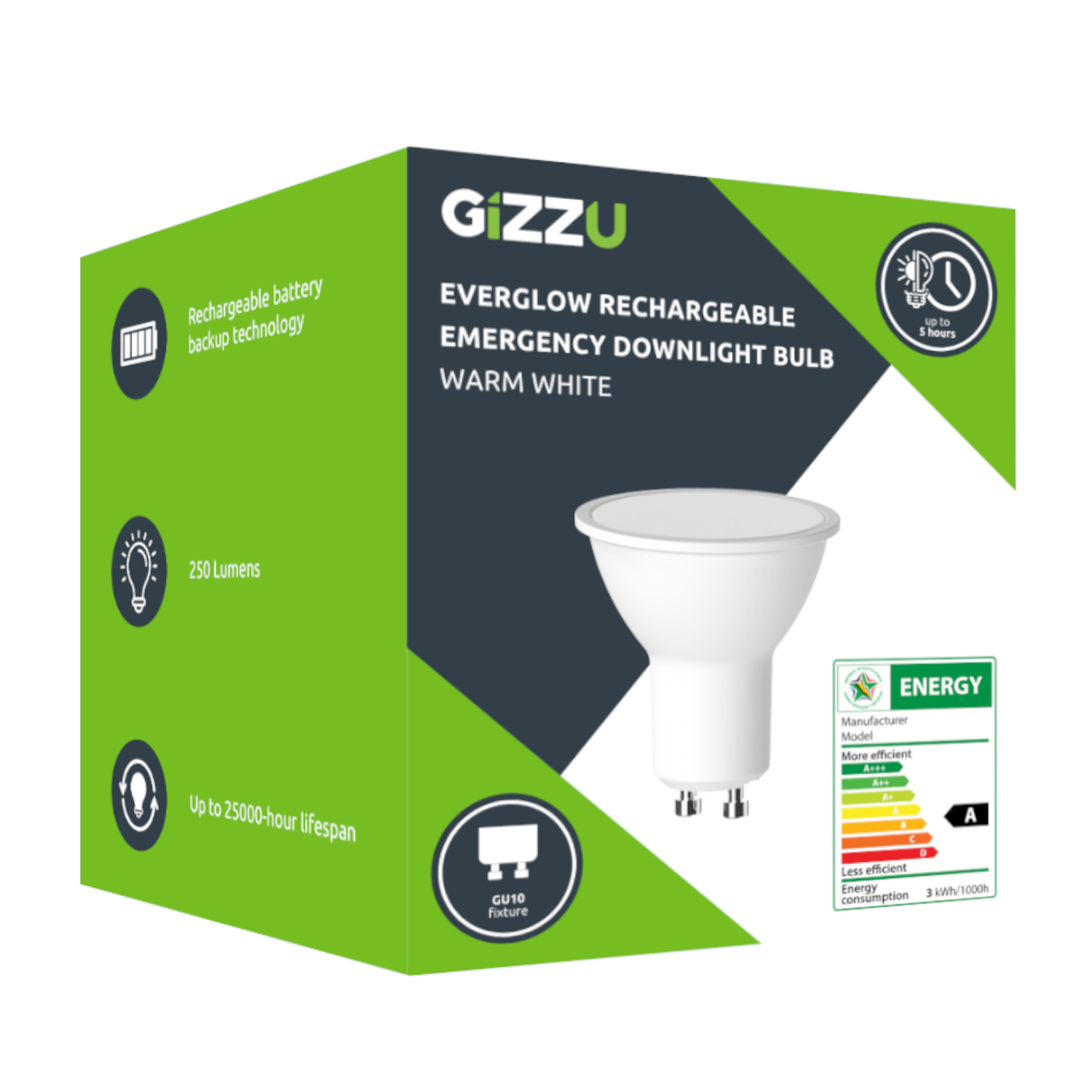 GEB3WGU10_wr_04a Gizzu Everglow Rechargeable Warm White Emergency Downlight Bulb