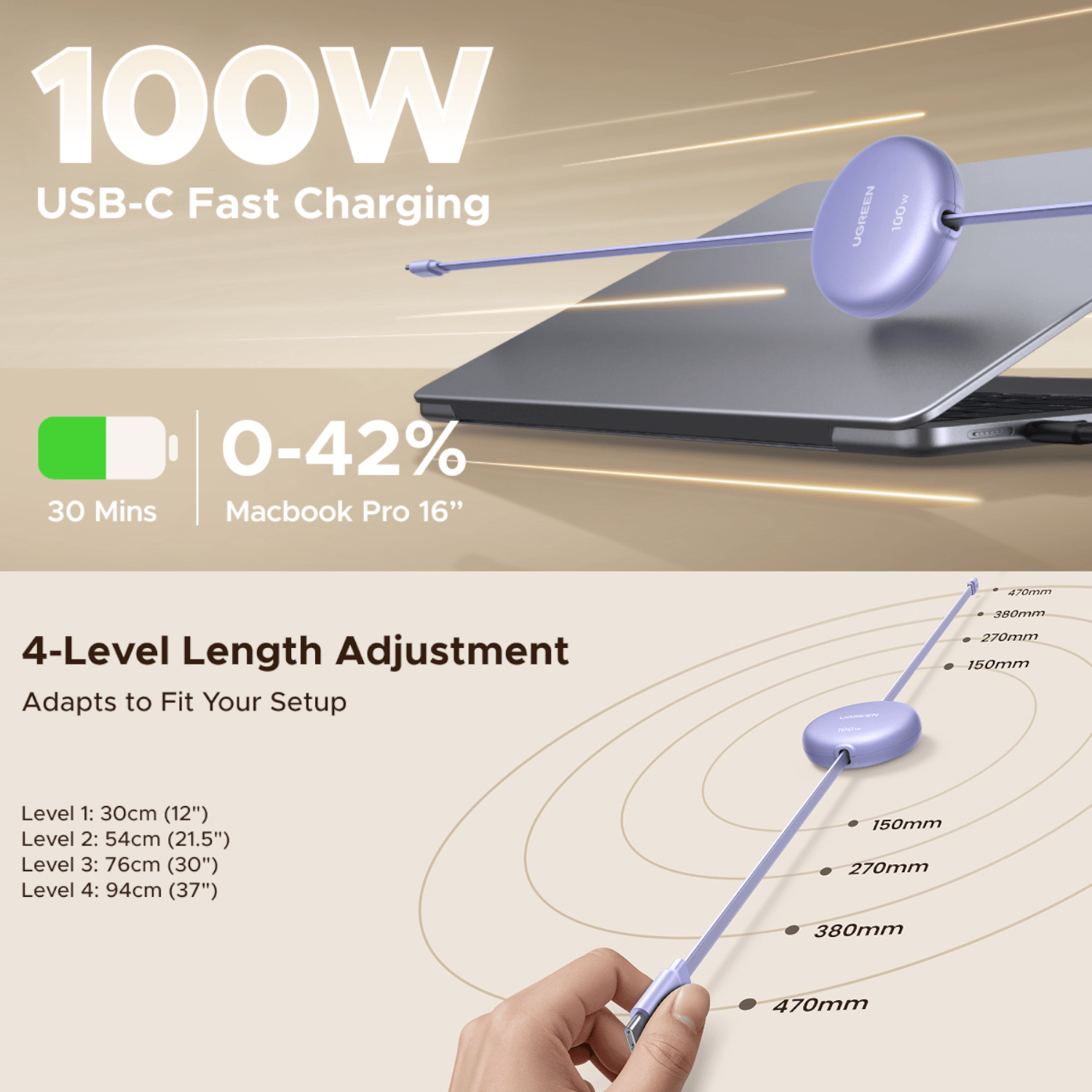 L531-95673_UGREEN_100W_Fast_Charging_Retractable_US_wr_03 UGREEN 100W Fast Charging Retractable USB Type-C Cable 1M - Purple