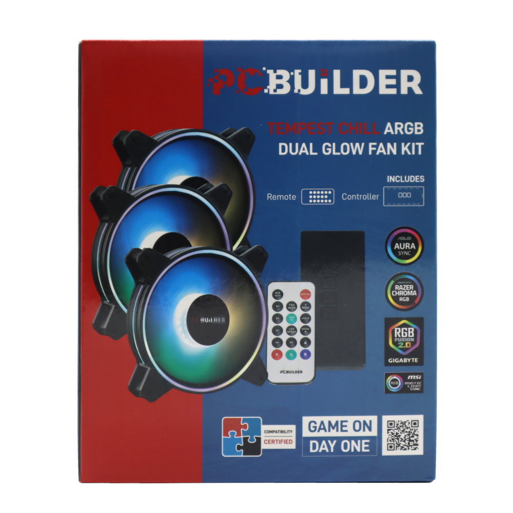 PCB-CF-TEMP-DKIT_wr_02a PCBuilder Tempest Chill Fan Kit 3x120MM Dual Glow ARGB Fan + Controller + RF Remote