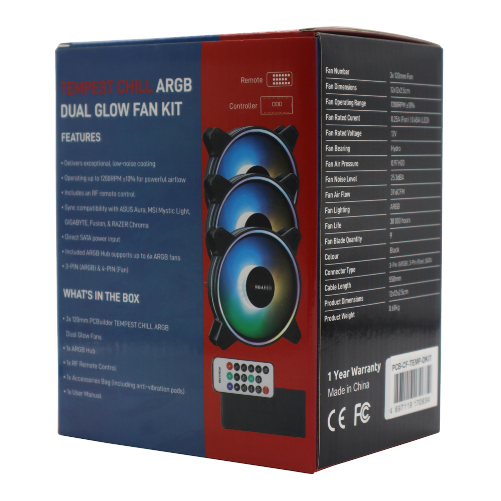 PCB-CF-TEMP-DKIT_wr_04a PCBuilder Tempest Chill Fan Kit 3x120MM Dual Glow ARGB Fan + Controller + RF Remote