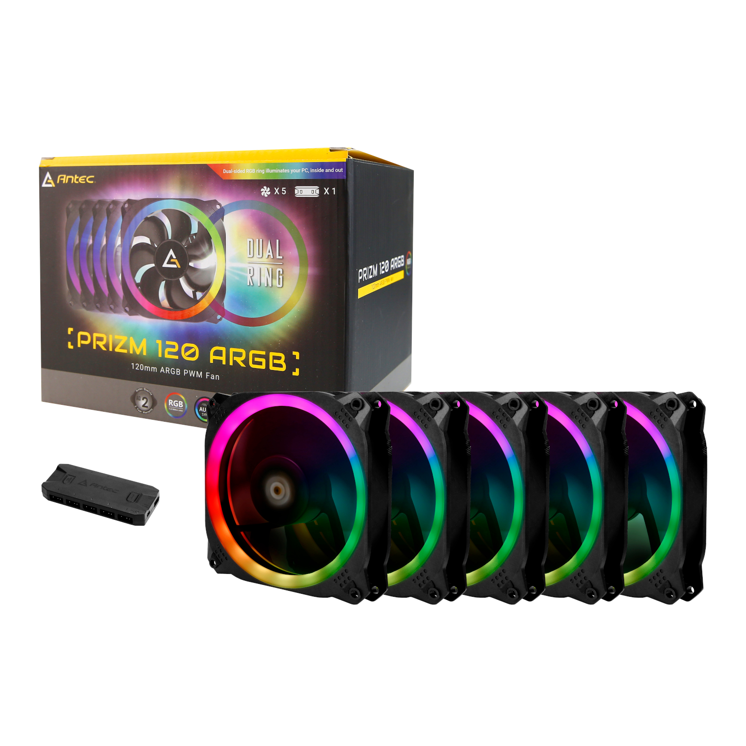 PRIZM-120-ARGB-5C_Antec-Prizm-120-ARGB-Case-Fan-5-Pack-Controller-Black_wr_01a Antec Prizm 120 ARGB Case Fan 5 Pack + Controller - Black