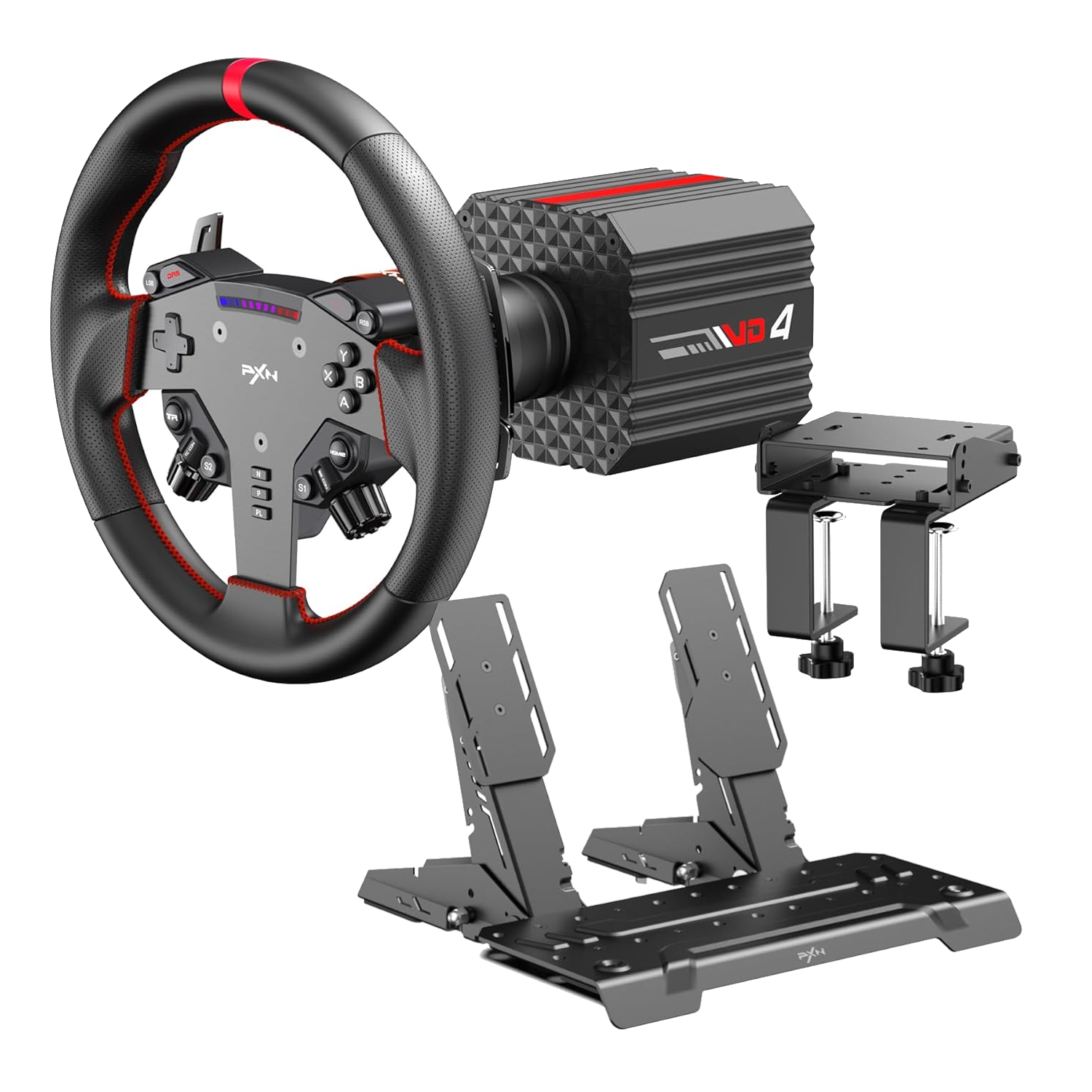 PXN-VD4BUNDLEABT_PXN-VD4-Direct-Drive-Sim-Racing-Wheel-–-PD-HM-Dual-Pedal-–-Z8-Clamp-Bundle-Black_wr_01a PXN VD4 Direct Drive Sim Racing Wheel – PD-HM Dual Pedal – Z8 Clamp Bundle