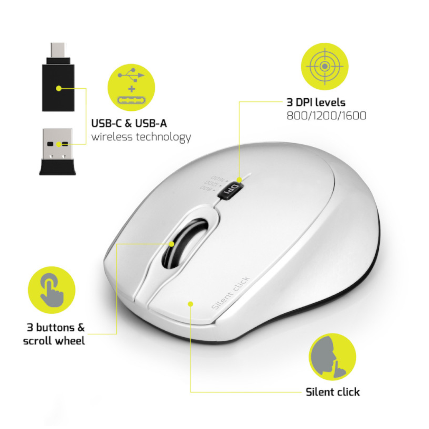 Port_900714_wr_03b Port Connect Silent 1600DPI 3 Button Wireless Mouse - White