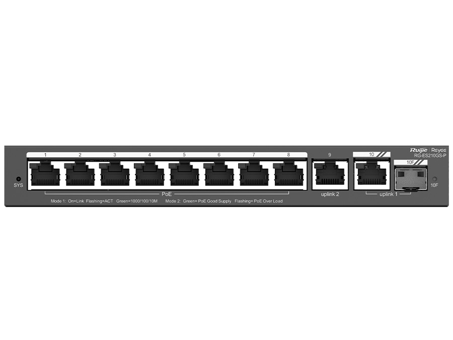 RG-ES210GP Reyee 10 Port Gigabit with 8 PoE 120W 1SFP Combo Port Smart Managed Switch