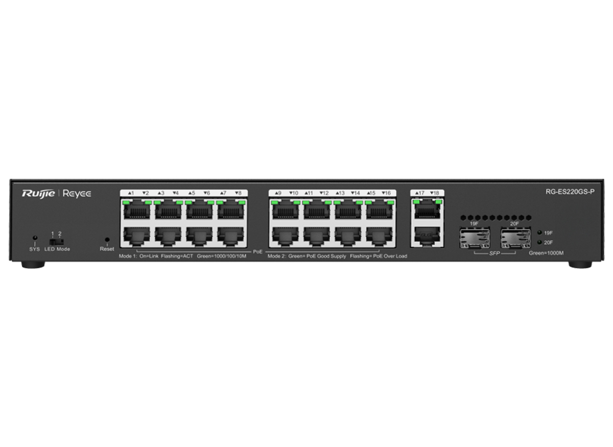 RG-ES220GP Reyee 18 Port Gigabit with 16 PoE 250W 2SFP Smart Managed Switch