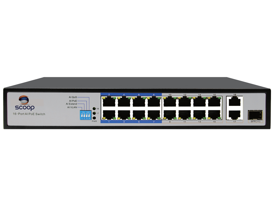 SPS-16F2GS Scoop 16 Port Fast Ethernet PoE 150W 2 Gigabit 1SFP Switch