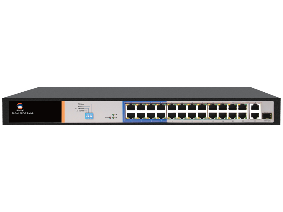 SPS-24F2GS Scoop 24 Port Fast Ethernet PoE 250W 2 Gigabit 1SFP Switch
