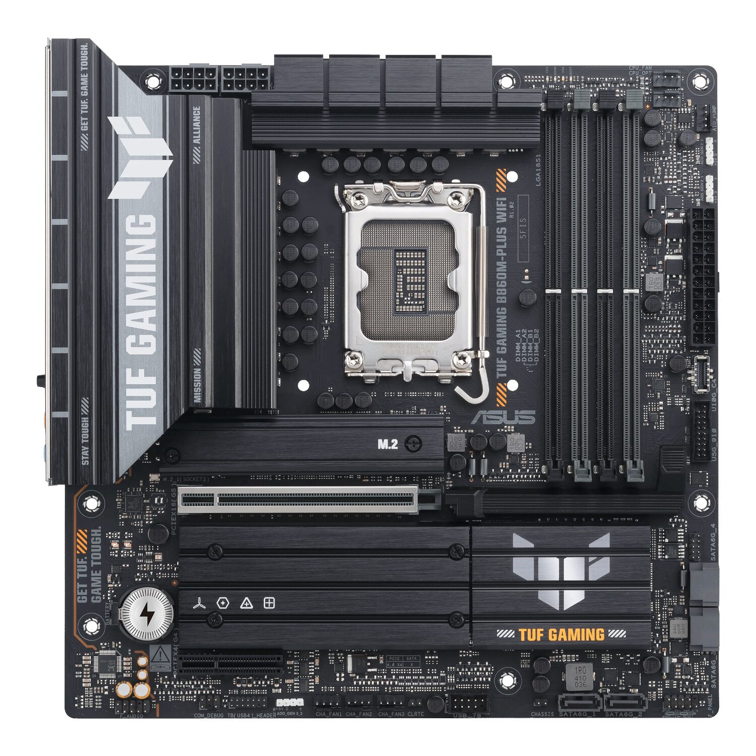 TUFGAMINGB860M-PLUSWIFI-wr-01 Asus TUF Gaming B860M-Plus Wi-Fi M-ATX Motherboard – Intel LGA1851, DDR5, PCIe 5.0. Wi-Fi 7
