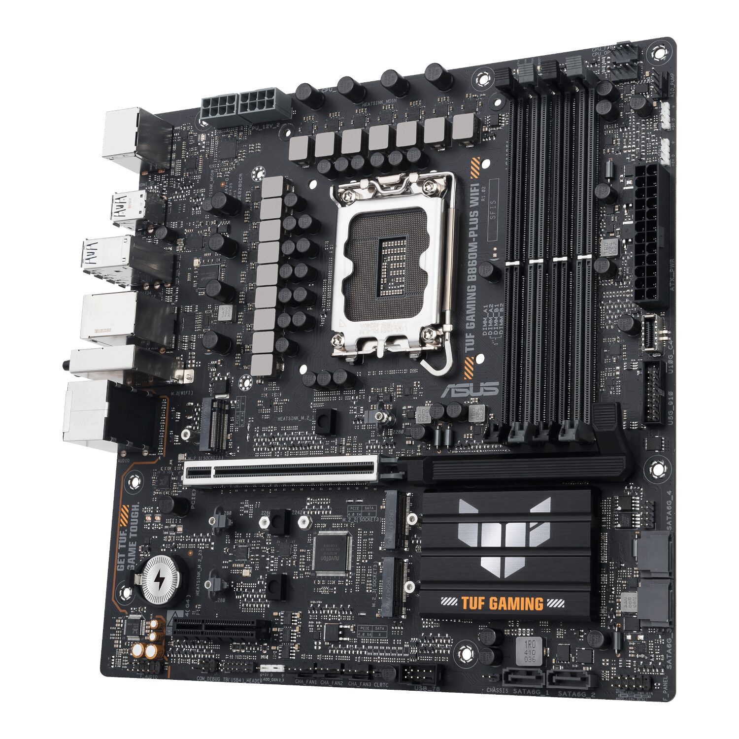 TUFGAMINGB860M-PLUSWIFI-wr-02 Asus TUF Gaming B860M-Plus Wi-Fi M-ATX Motherboard – Intel LGA1851, DDR5, PCIe 5.0. Wi-Fi 7