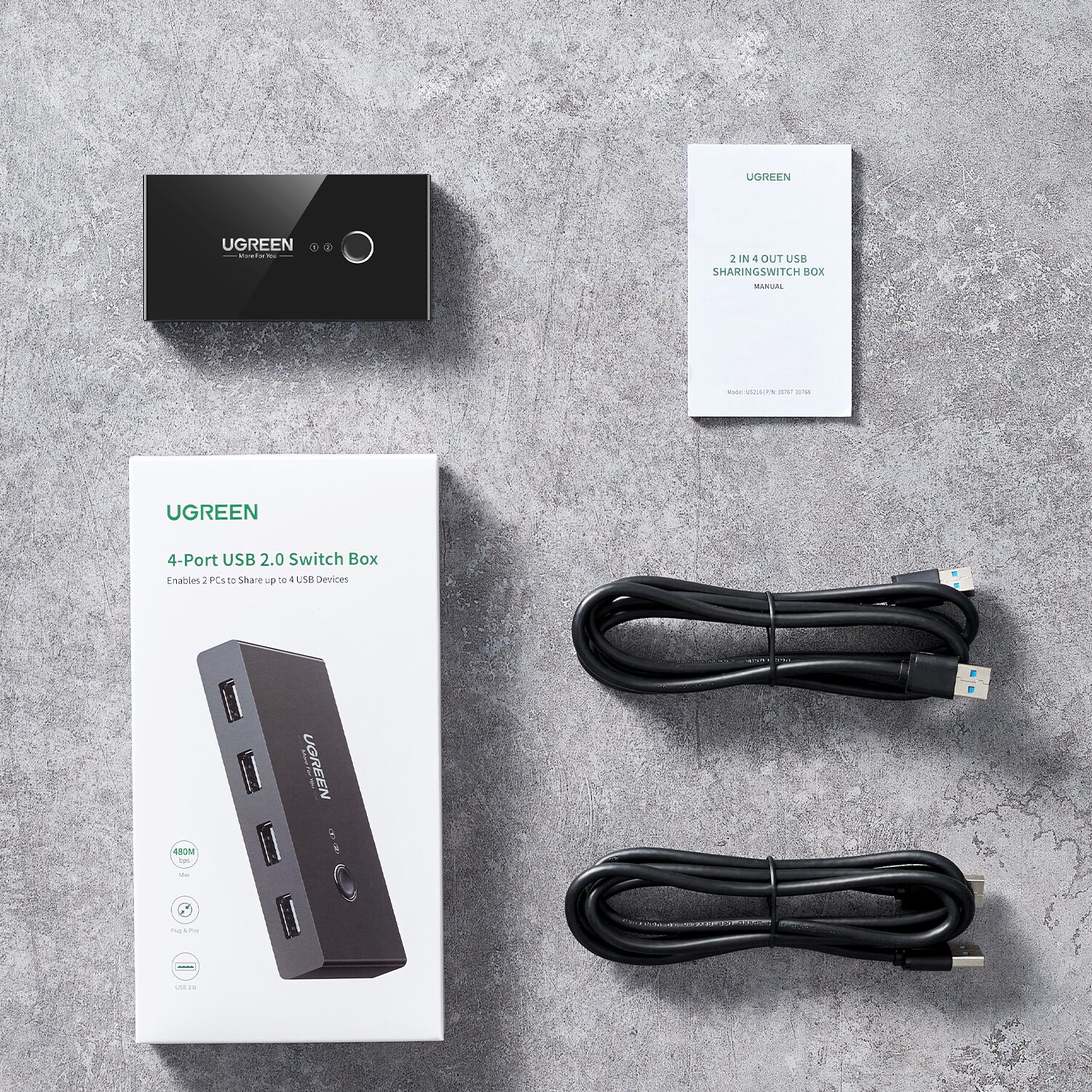 US216-30767-wr-03 UGREEN USB 2.0 4-Port Switch Box, with 1.5m USB Cables